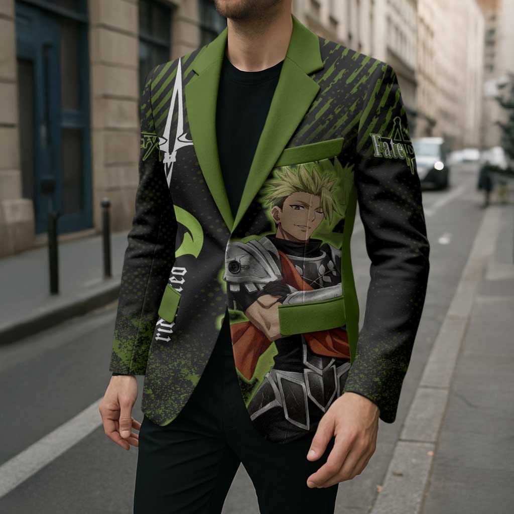 Achilles Fate Apocrypha Theme Blazer with Spear Pose and Green Black Grunge Graphic Design - The Mazicc