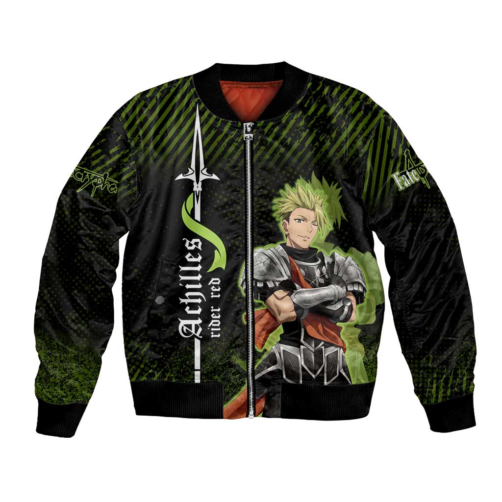 Achilles Fate Apocrypha Theme Bomber Jacket with Spear Pose and Green Black Grunge Graphic Design - The Mazicc