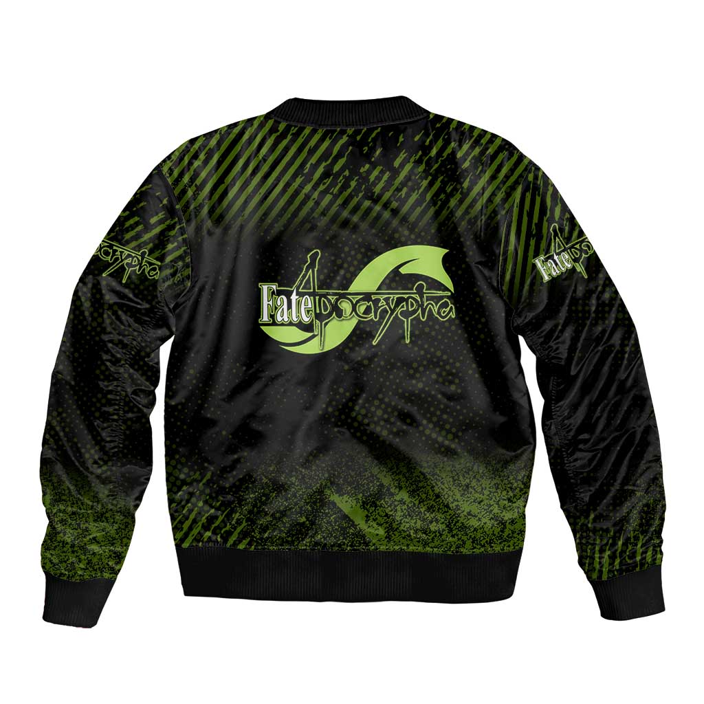 Achilles Fate Apocrypha Theme Bomber Jacket with Spear Pose and Green Black Grunge Graphic Design - The Mazicc