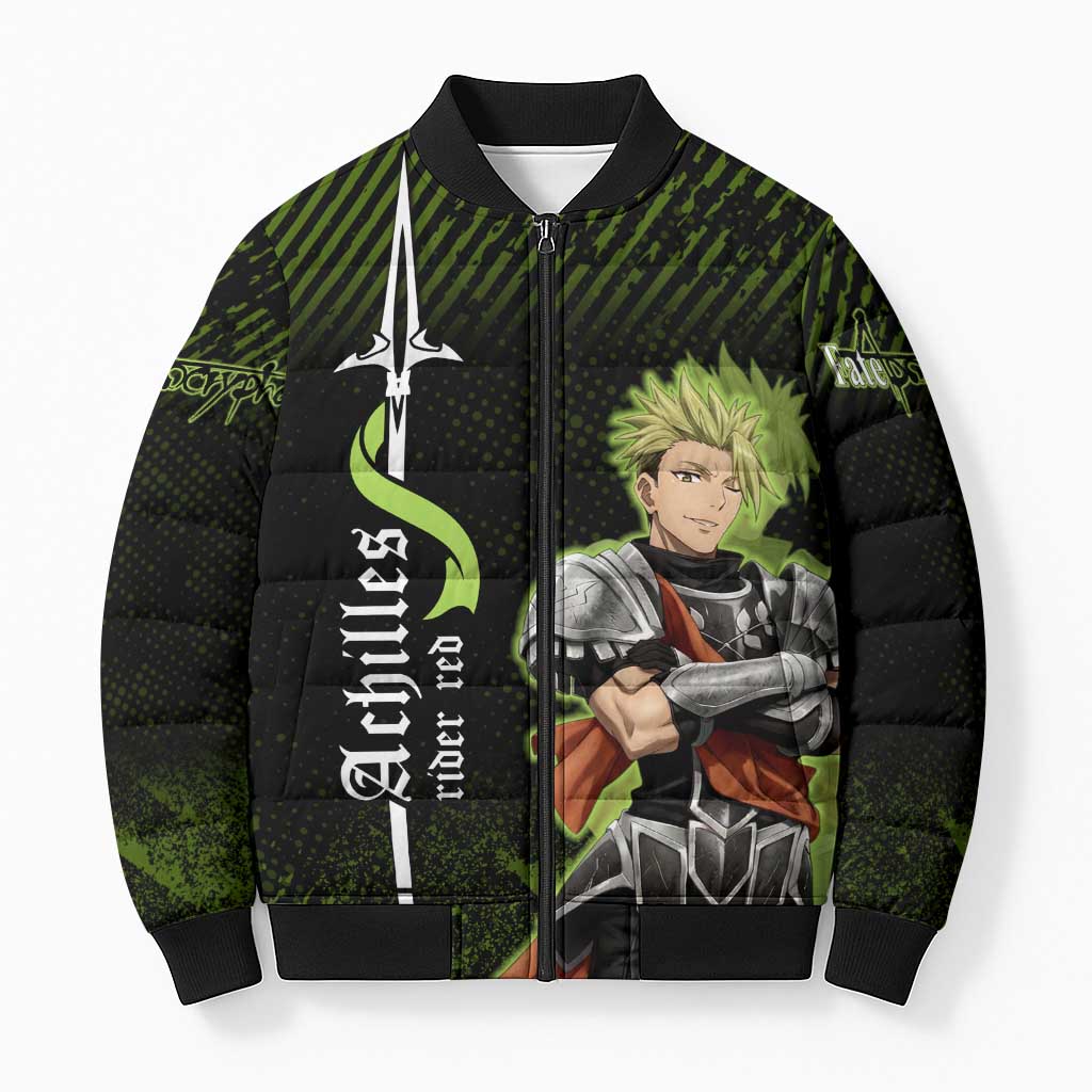 Achilles Fate Apocrypha Theme Bomber Puffer Jacket with Spear Pose and Green Black Grunge Graphic Design - The Mazicc