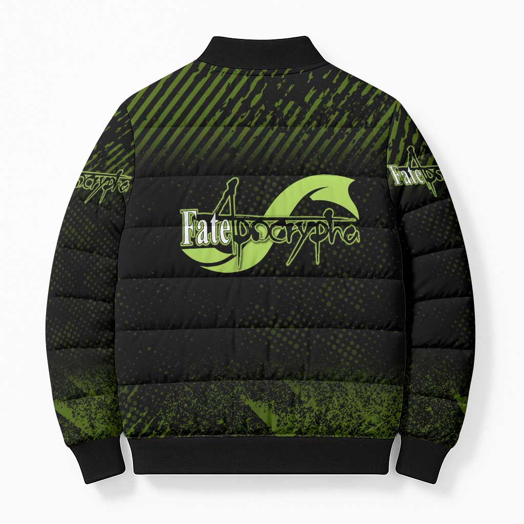 Achilles Fate Apocrypha Theme Bomber Puffer Jacket with Spear Pose and Green Black Grunge Graphic Design - The Mazicc