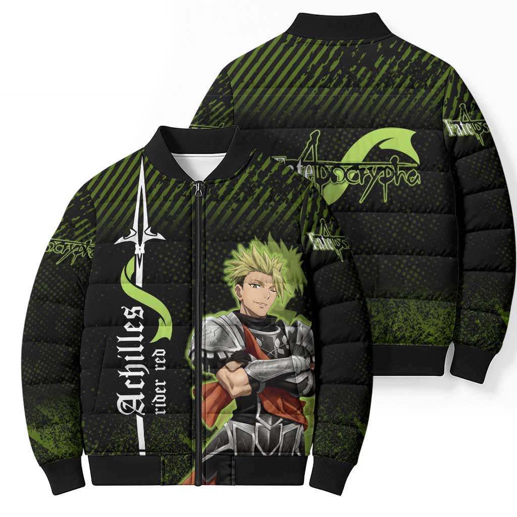 Achilles Fate Apocrypha Theme Bomber Puffer Jacket with Spear Pose and Green Black Grunge Graphic Design - The Mazicc