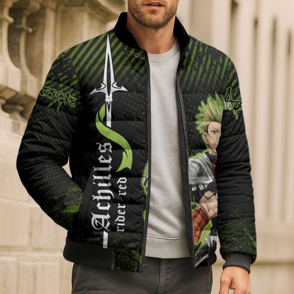 Achilles Fate Apocrypha Theme Bomber Puffer Jacket with Spear Pose and Green Black Grunge Graphic Design - The Mazicc