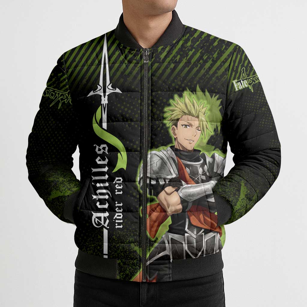Achilles Fate Apocrypha Theme Bomber Puffer Jacket with Spear Pose and Green Black Grunge Graphic Design - The Mazicc