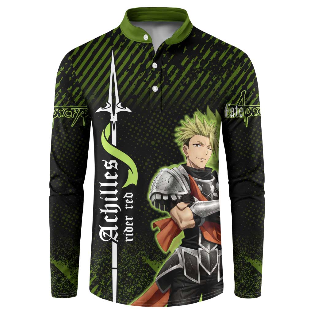 Achilles Fate Apocrypha Theme Button Sweatshirt with Spear Pose and Green Black Grunge Graphic Design - The Mazicc