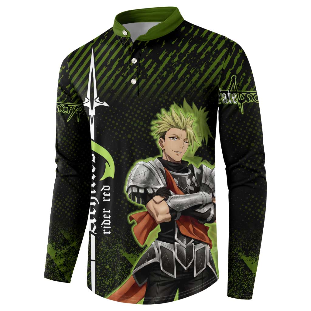 Achilles Fate Apocrypha Theme Button Sweatshirt with Spear Pose and Green Black Grunge Graphic Design - The Mazicc