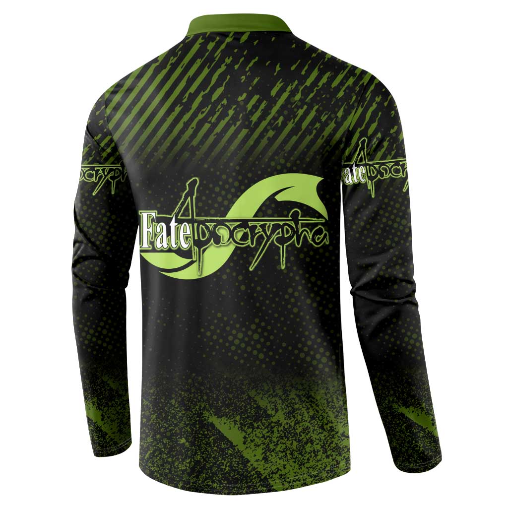 Achilles Fate Apocrypha Theme Button Sweatshirt with Spear Pose and Green Black Grunge Graphic Design - The Mazicc