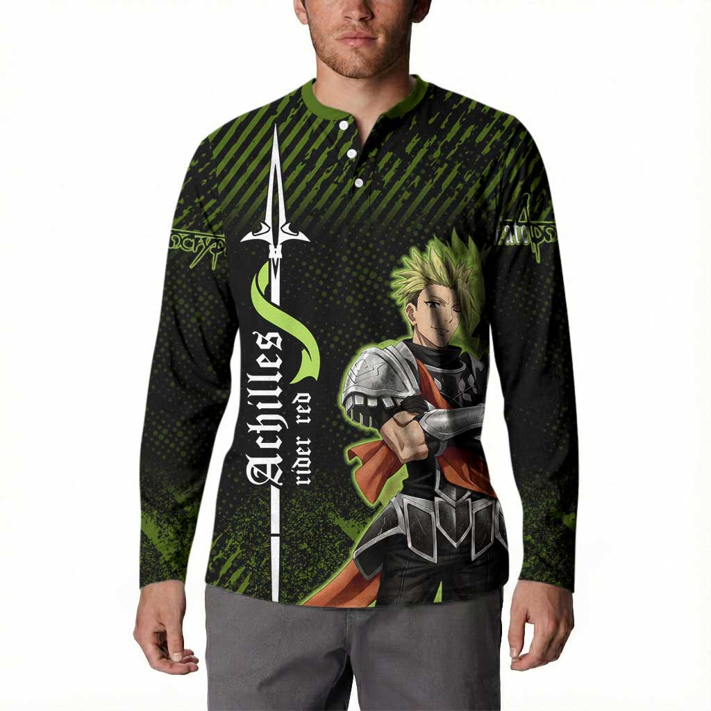 Achilles Fate Apocrypha Theme Button Sweatshirt with Spear Pose and Green Black Grunge Graphic Design - The Mazicc