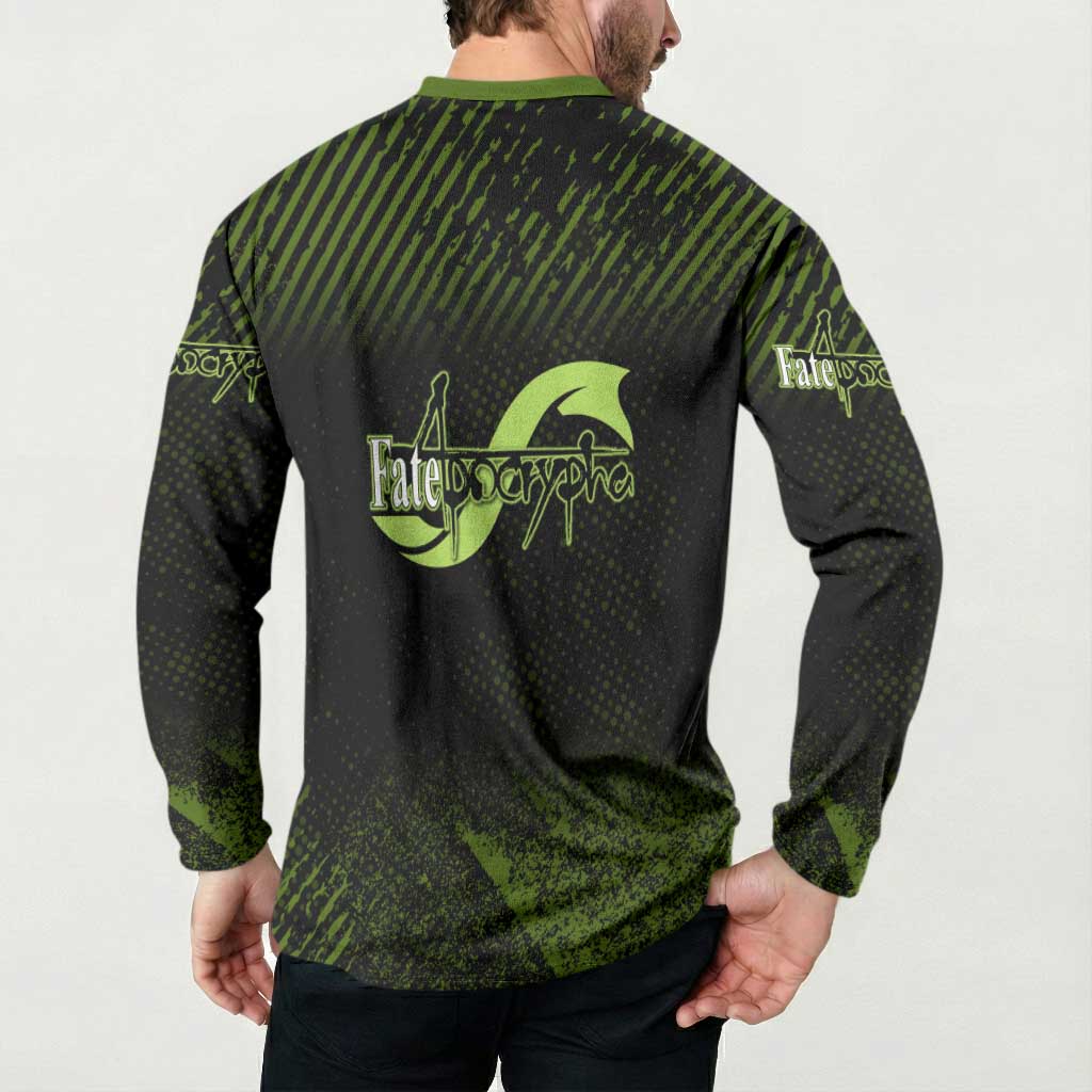 Achilles Fate Apocrypha Theme Button Sweatshirt with Spear Pose and Green Black Grunge Graphic Design - The Mazicc
