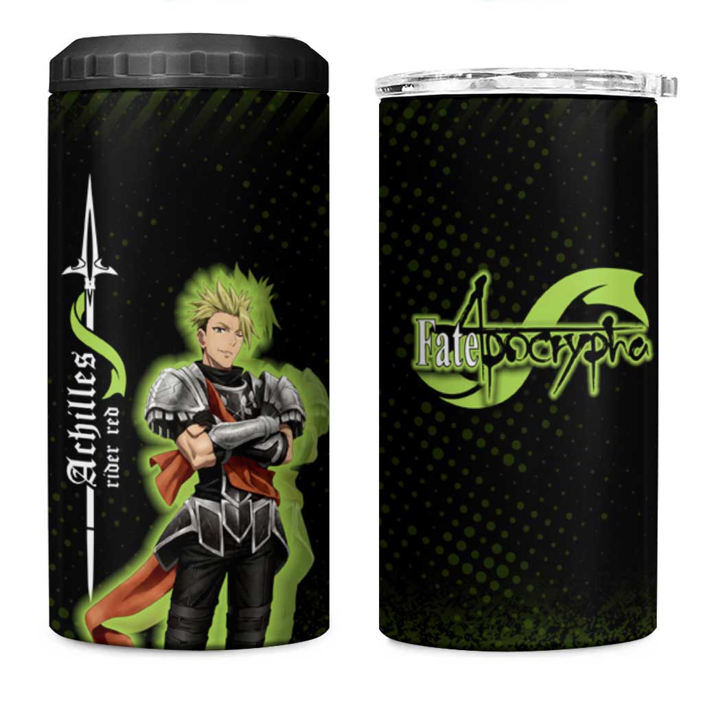 Achilles Fate Apocrypha Theme 4 in 1 Can Cooler Tumbler with Spear Pose and Green Black Grunge Graphic Design - The Mazicc