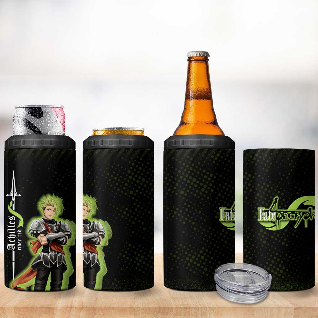 Achilles Fate Apocrypha Theme 4 in 1 Can Cooler Tumbler with Spear Pose and Green Black Grunge Graphic Design - The Mazicc