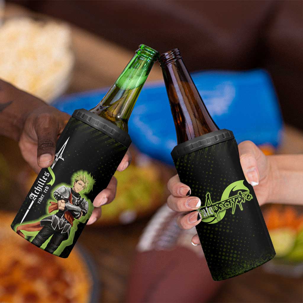 Achilles Fate Apocrypha Theme 4 in 1 Can Cooler Tumbler with Spear Pose and Green Black Grunge Graphic Design - The Mazicc