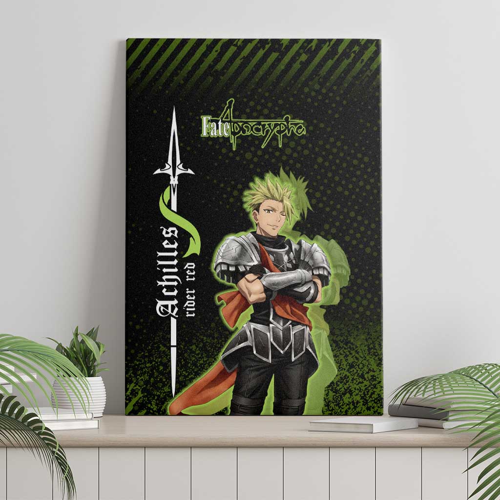 Achilles Fate Apocrypha Theme Canvas Wall Art with Spear Pose and Green Black Grunge Graphic Design - The Mazicc