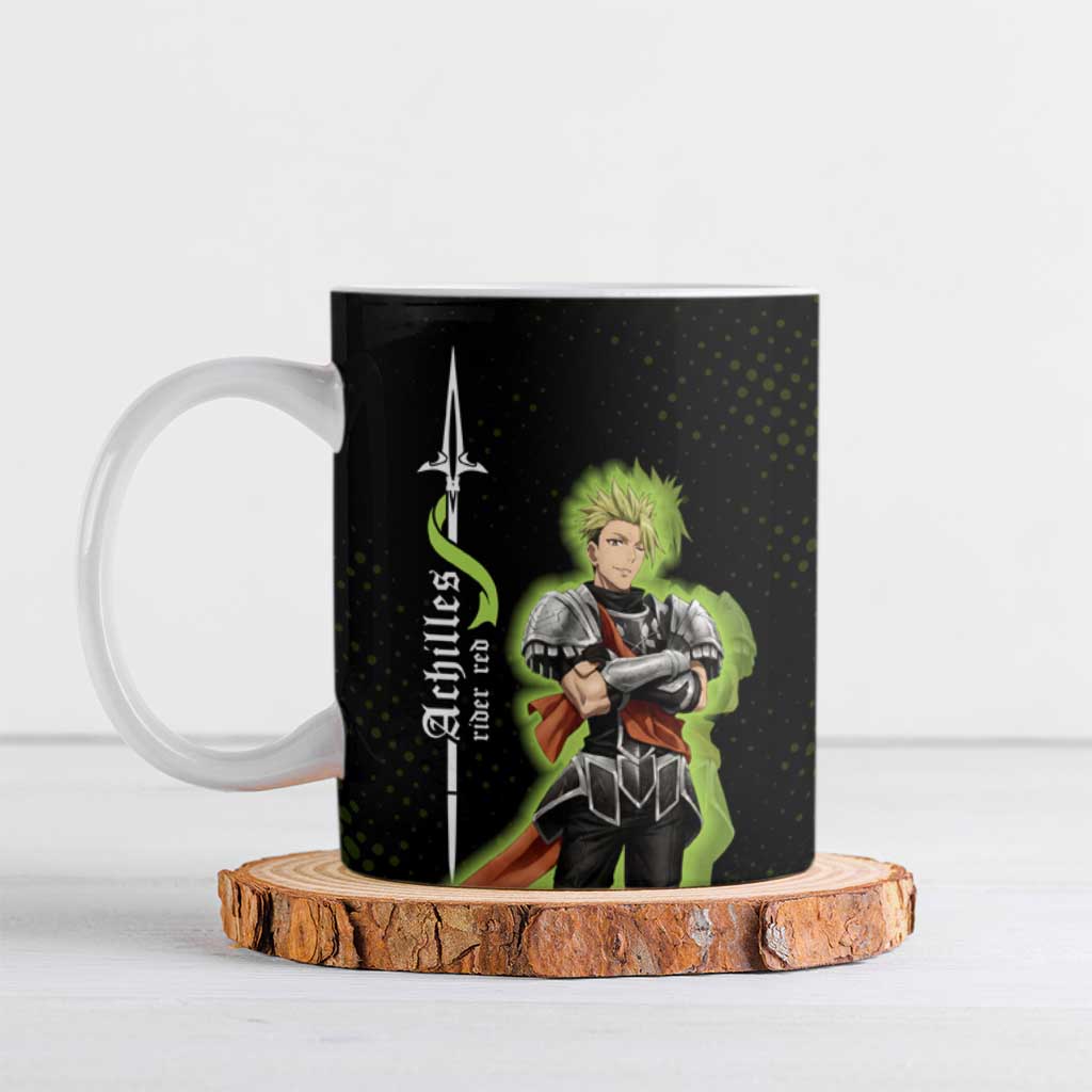 Achilles Fate Apocrypha Theme Ceramic Mug with Spear Pose and Green Black Grunge Graphic Design - The Mazicc