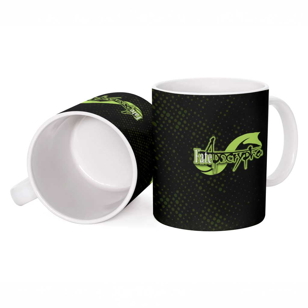 Achilles Fate Apocrypha Theme Ceramic Mug with Spear Pose and Green Black Grunge Graphic Design - The Mazicc