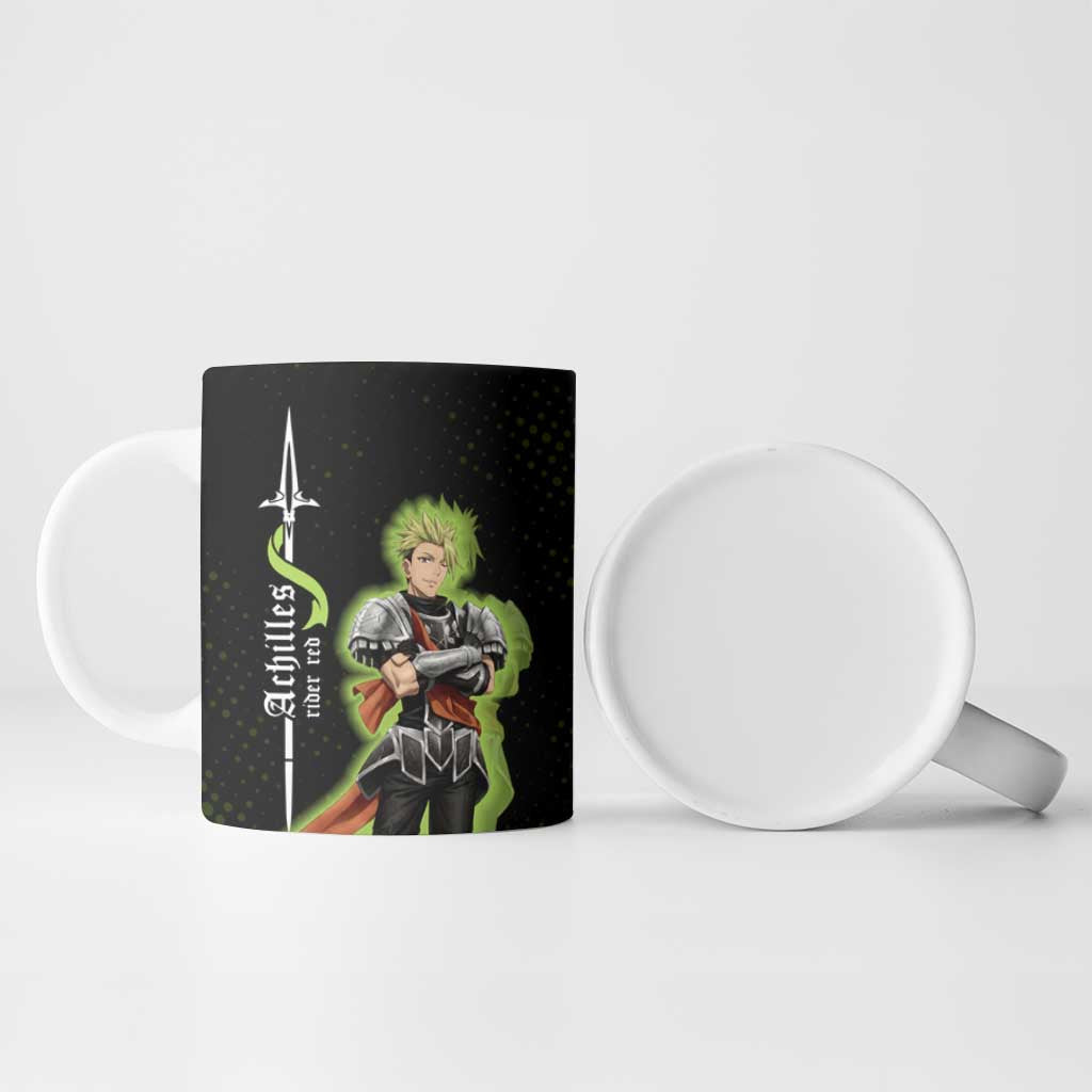 Achilles Fate Apocrypha Theme Ceramic Mug with Spear Pose and Green Black Grunge Graphic Design - The Mazicc