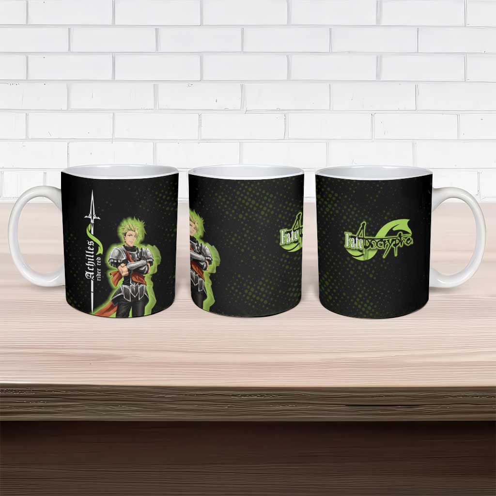Achilles Fate Apocrypha Theme Ceramic Mug with Spear Pose and Green Black Grunge Graphic Design - The Mazicc