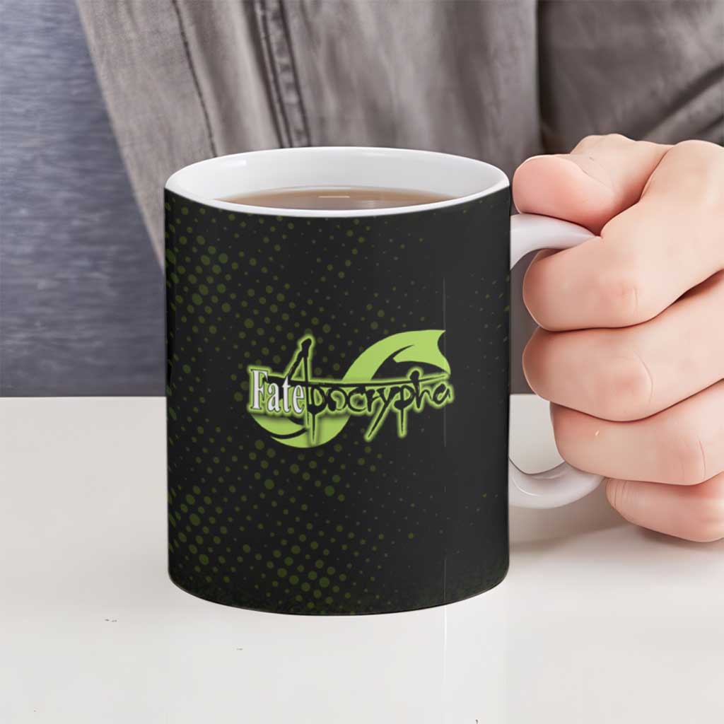 Achilles Fate Apocrypha Theme Ceramic Mug with Spear Pose and Green Black Grunge Graphic Design - The Mazicc