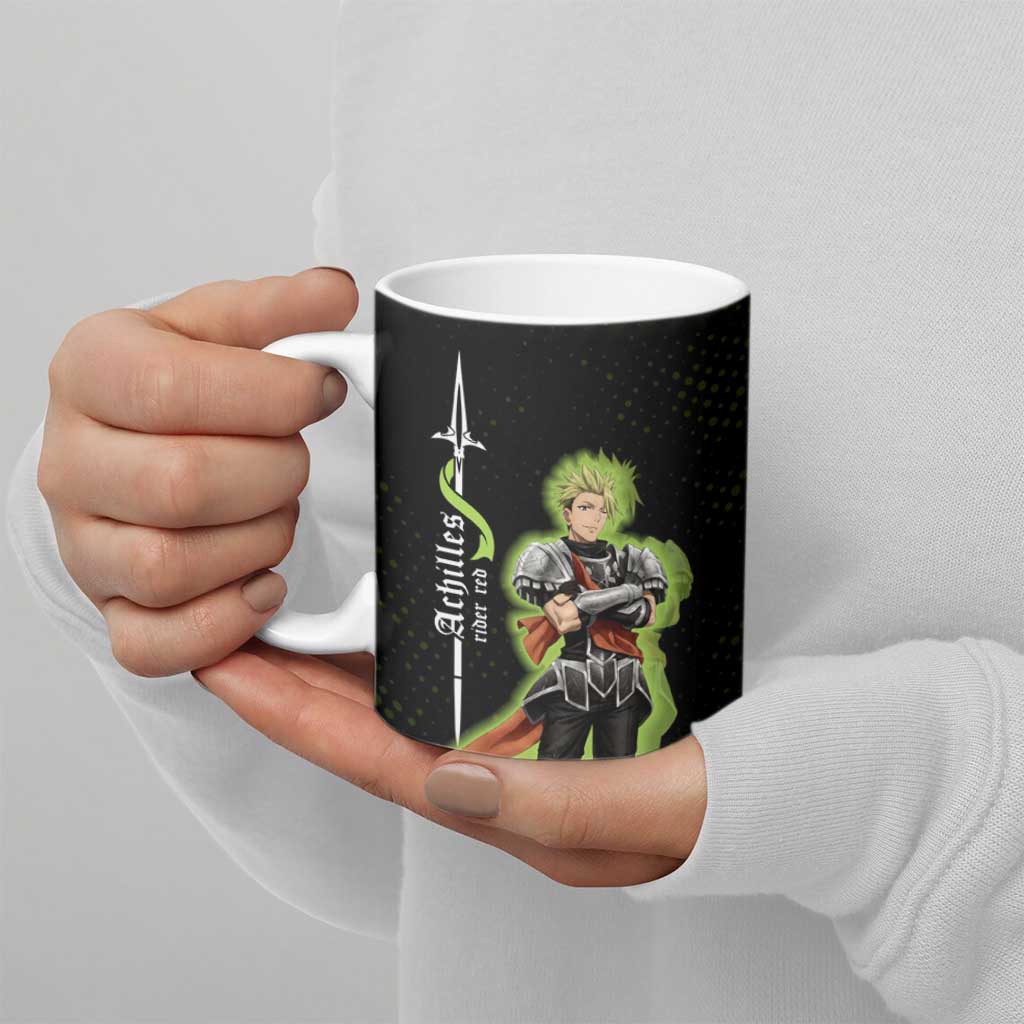 Achilles Fate Apocrypha Theme Ceramic Mug with Spear Pose and Green Black Grunge Graphic Design - The Mazicc