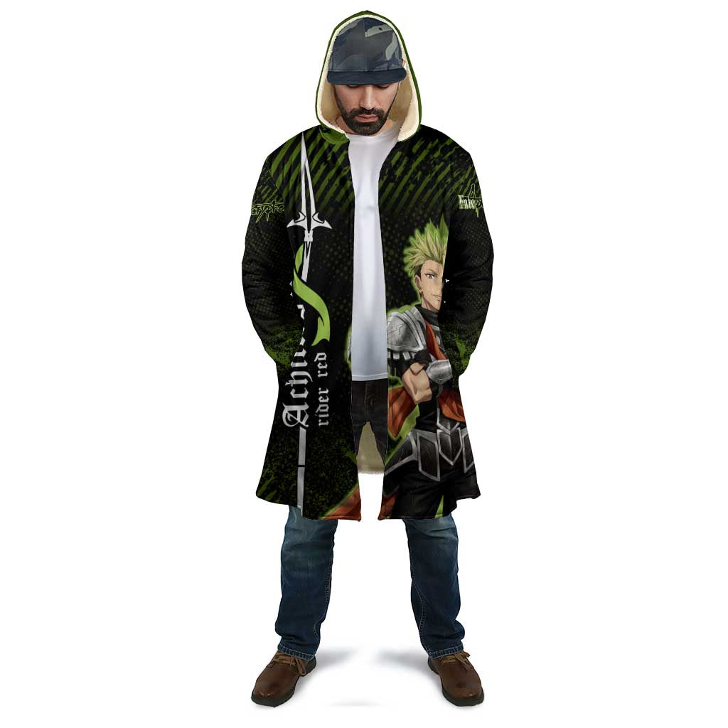 Achilles Fate Apocrypha Theme Cloak with Spear Pose and Green Black Grunge Graphic Design - The Mazicc
