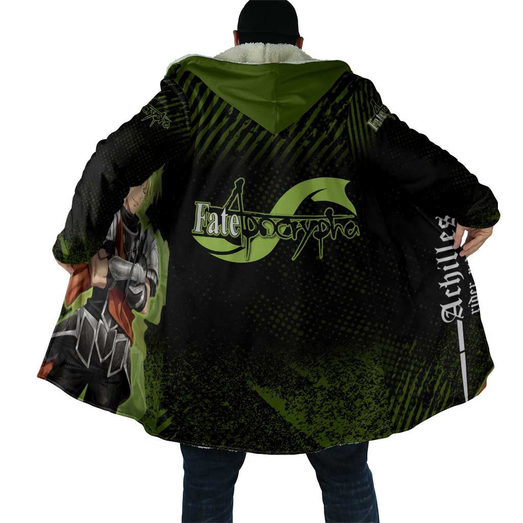 Achilles Fate Apocrypha Theme Cloak with Spear Pose and Green Black Grunge Graphic Design - The Mazicc