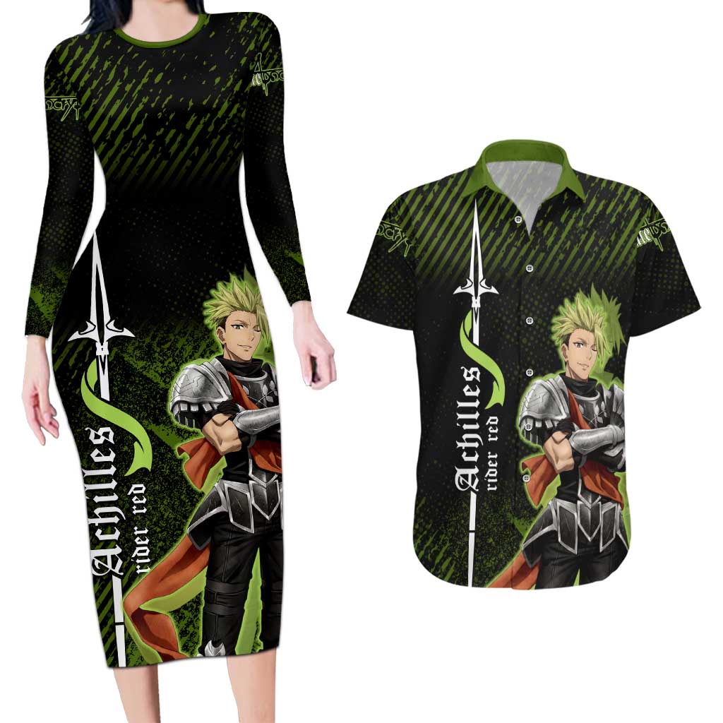 Achilles Fate Apocrypha Theme Couples Matching Long Sleeve Bodycon Dress and Hawaiian Shirt with Spear Pose and Green Black Grunge Graphic Design - The Mazicc
