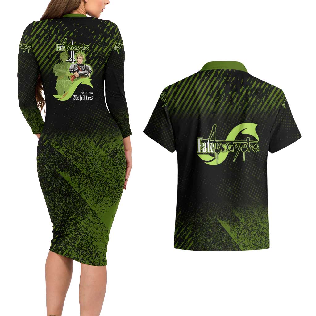 Achilles Fate Apocrypha Theme Couples Matching Long Sleeve Bodycon Dress and Hawaiian Shirt with Spear Pose and Green Black Grunge Graphic Design - The Mazicc