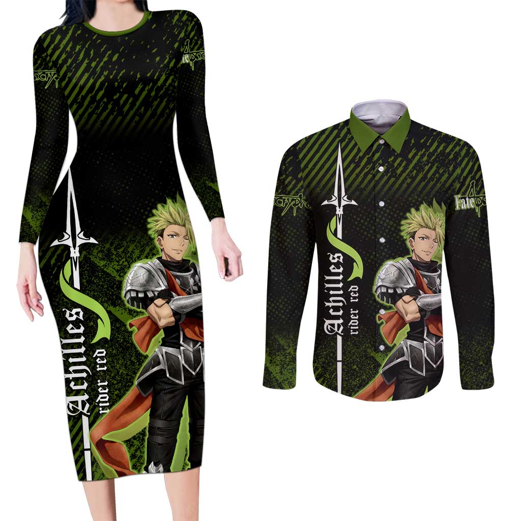 Achilles Fate Apocrypha Theme Couples Matching Long Sleeve Bodycon Dress and Long Sleeve Button Shirt with Spear Pose and Green Black Grunge Graphic Design - The Mazicc