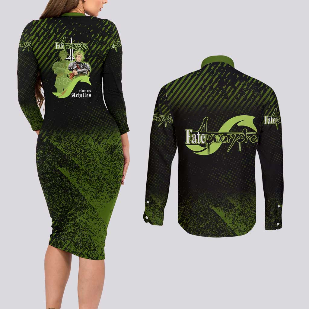 Achilles Fate Apocrypha Theme Couples Matching Long Sleeve Bodycon Dress and Long Sleeve Button Shirt with Spear Pose and Green Black Grunge Graphic Design - The Mazicc