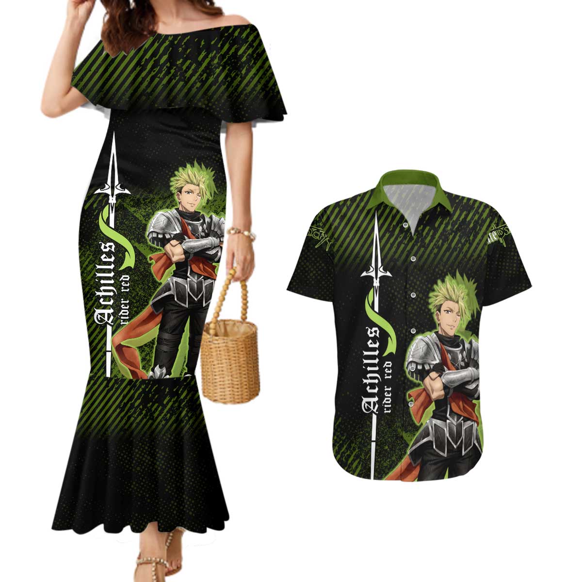 Achilles Fate Apocrypha Theme Couples Matching Mermaid Dress and Hawaiian Shirt with Spear Pose and Green Black Grunge Graphic Design - The Mazicc