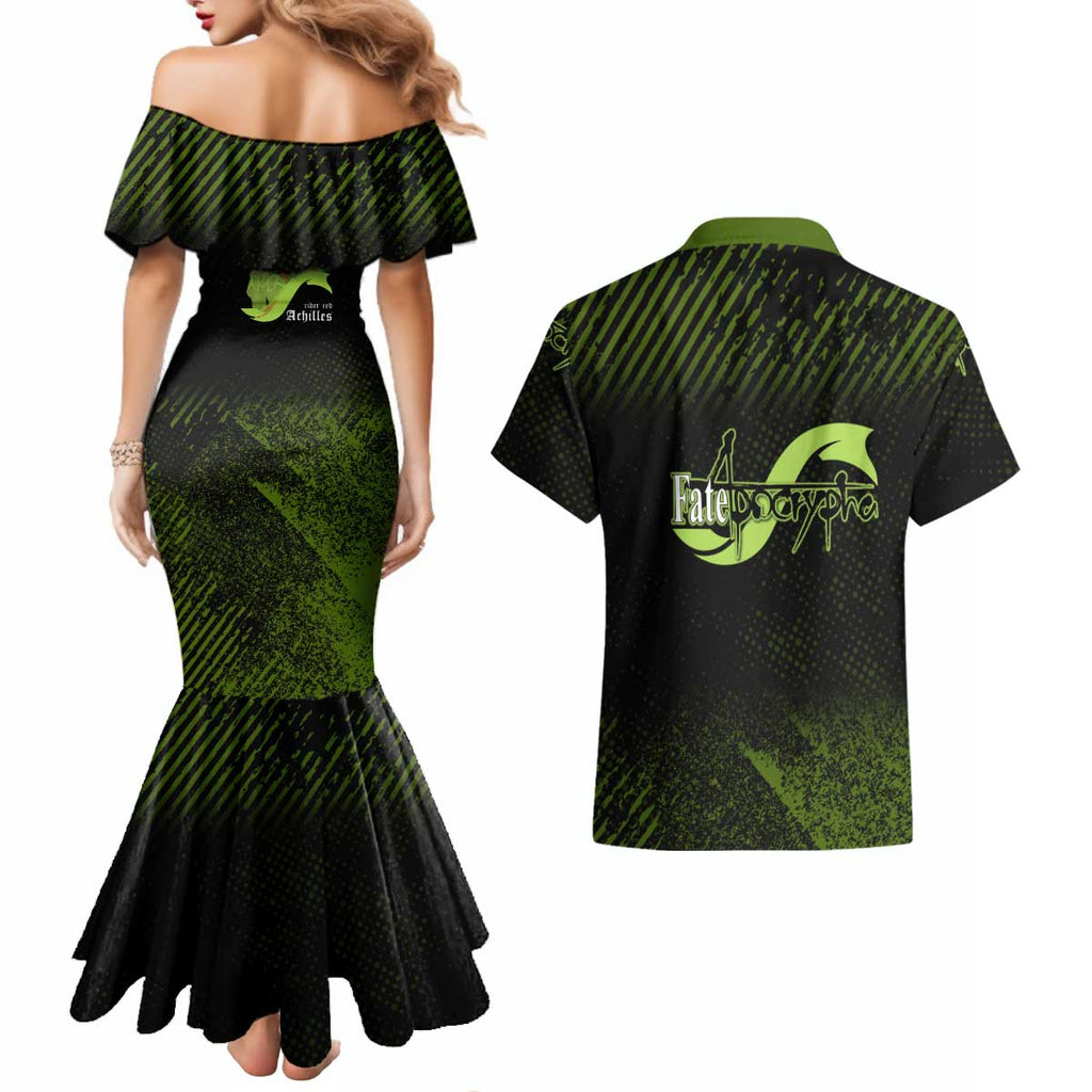Achilles Fate Apocrypha Theme Couples Matching Mermaid Dress and Hawaiian Shirt with Spear Pose and Green Black Grunge Graphic Design - The Mazicc