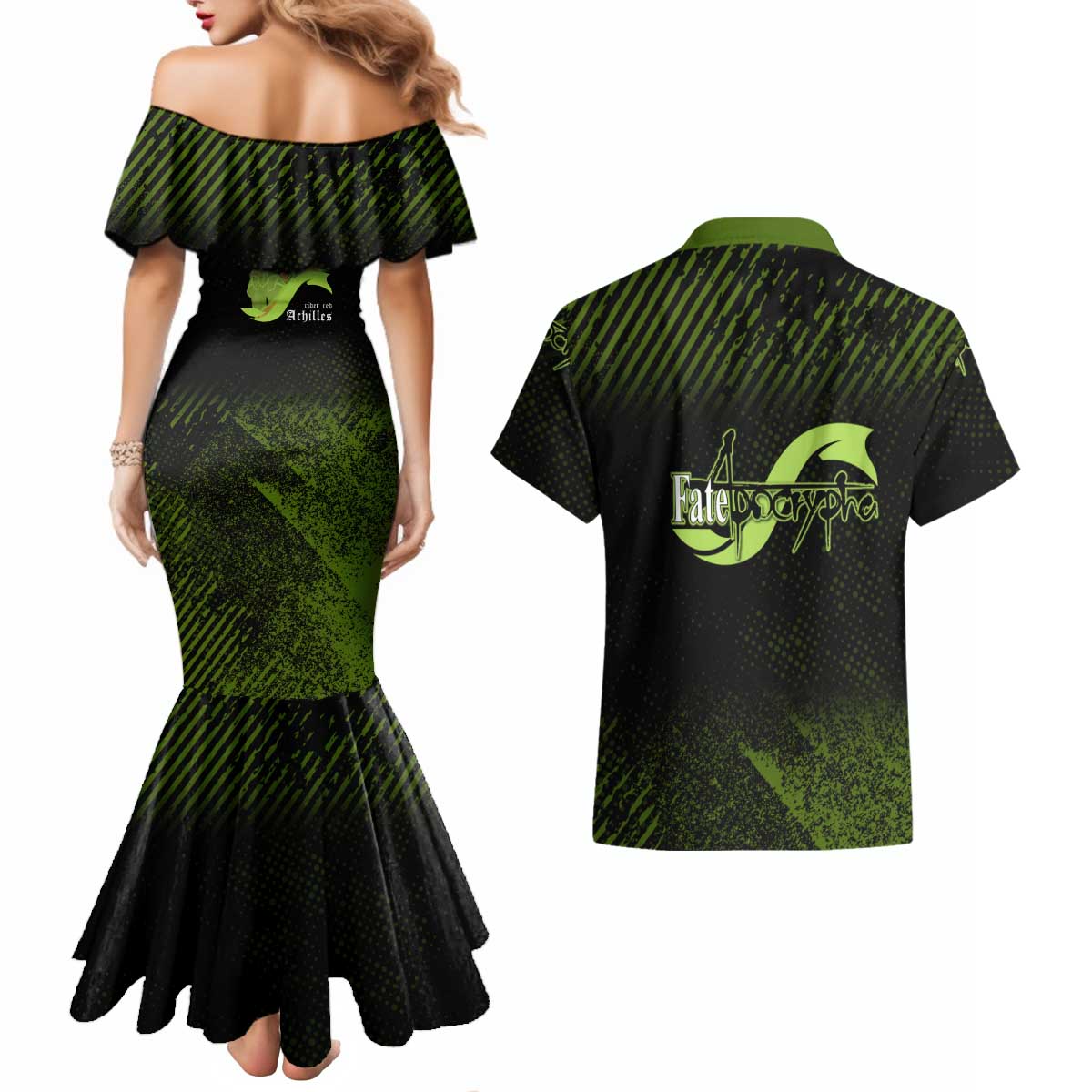 Achilles Fate Apocrypha Theme Couples Matching Mermaid Dress and Hawaiian Shirt with Spear Pose and Green Black Grunge Graphic Design - The Mazicc