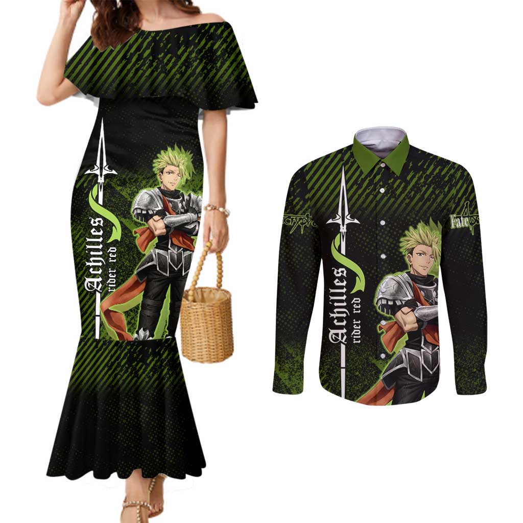 Achilles Fate Apocrypha Theme Couples Matching Mermaid Dress and Long Sleeve Button Shirt with Spear Pose and Green Black Grunge Graphic Design - The Mazicc