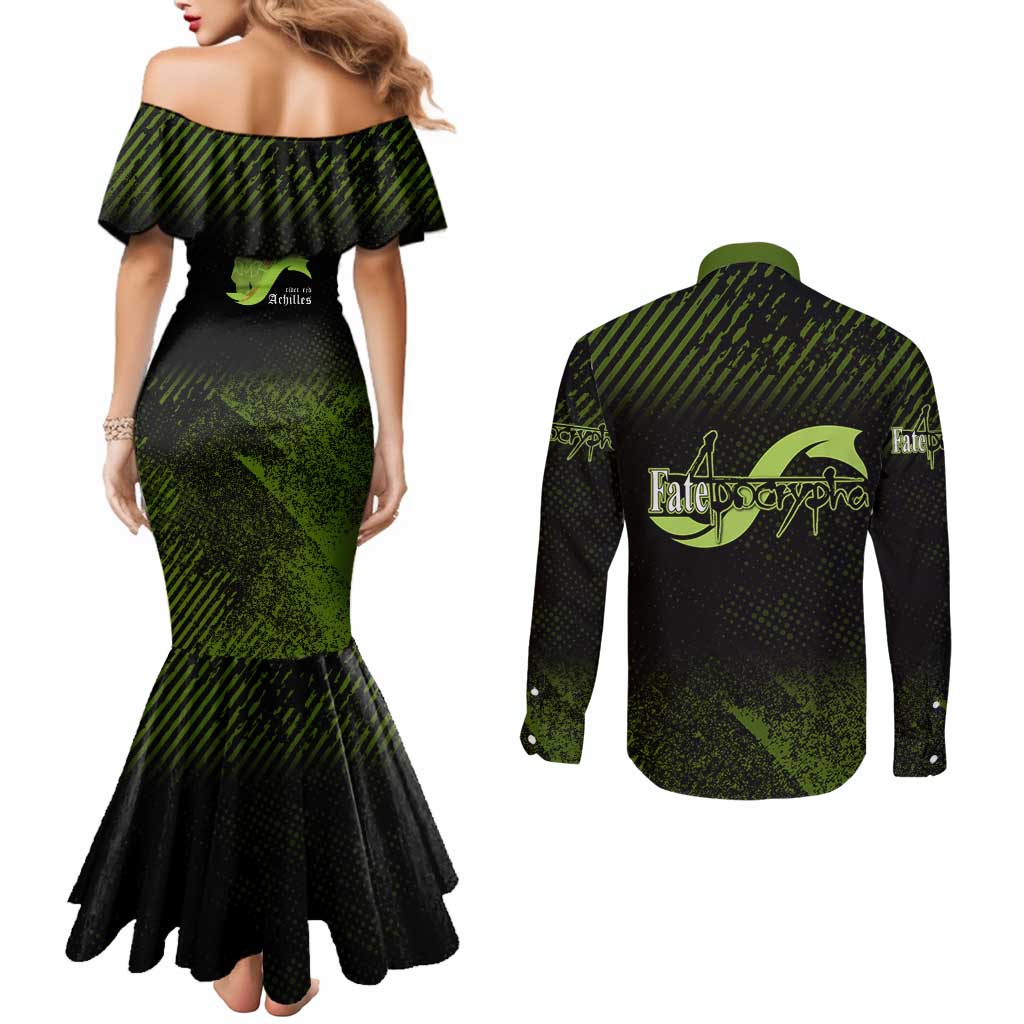 Achilles Fate Apocrypha Theme Couples Matching Mermaid Dress and Long Sleeve Button Shirt with Spear Pose and Green Black Grunge Graphic Design - The Mazicc