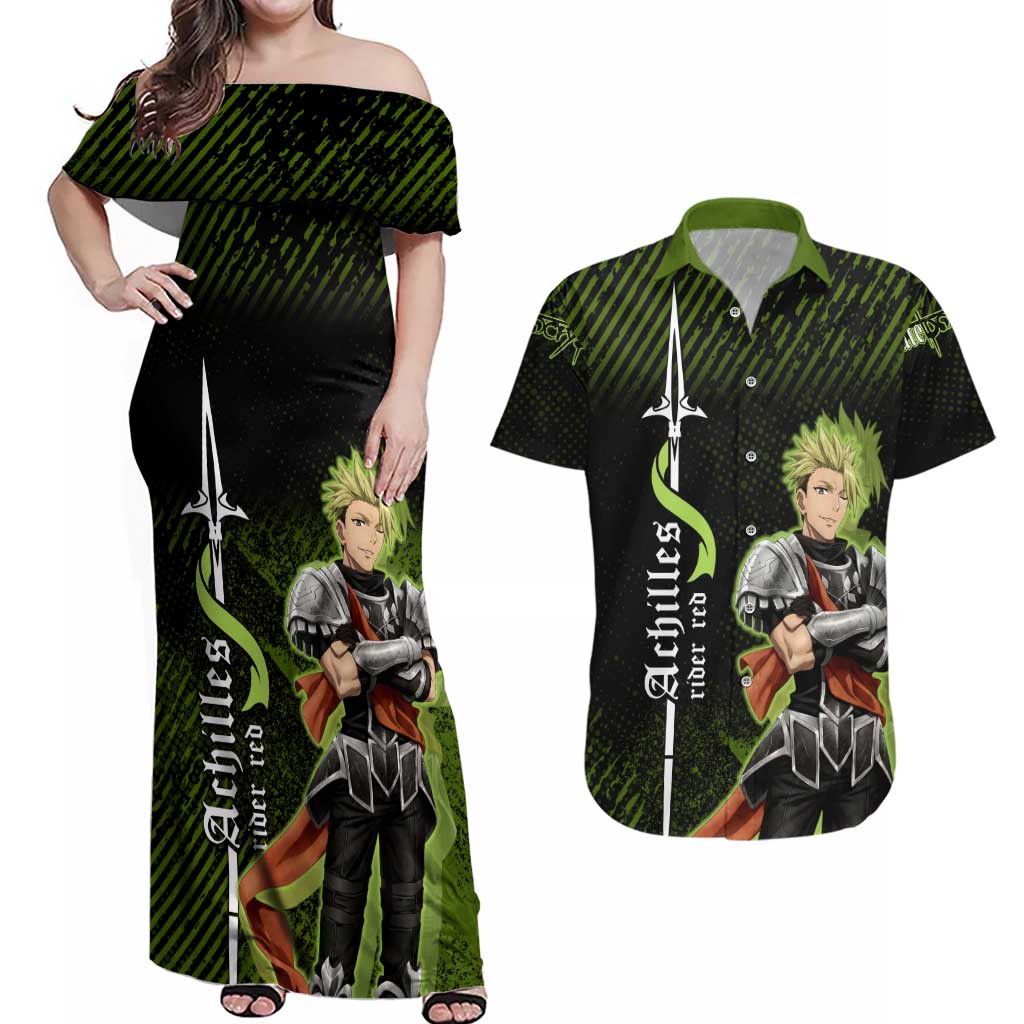 Achilles Fate Apocrypha Theme Couples Matching Off Shoulder Maxi Dress and Hawaiian Shirt with Spear Pose and Green Black Grunge Graphic Design - The Mazicc