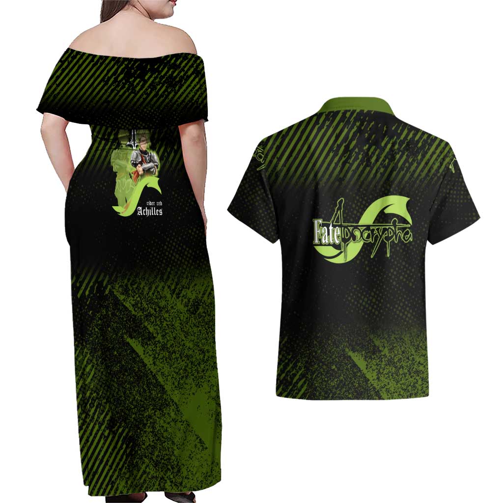 Achilles Fate Apocrypha Theme Couples Matching Off Shoulder Maxi Dress and Hawaiian Shirt with Spear Pose and Green Black Grunge Graphic Design - The Mazicc