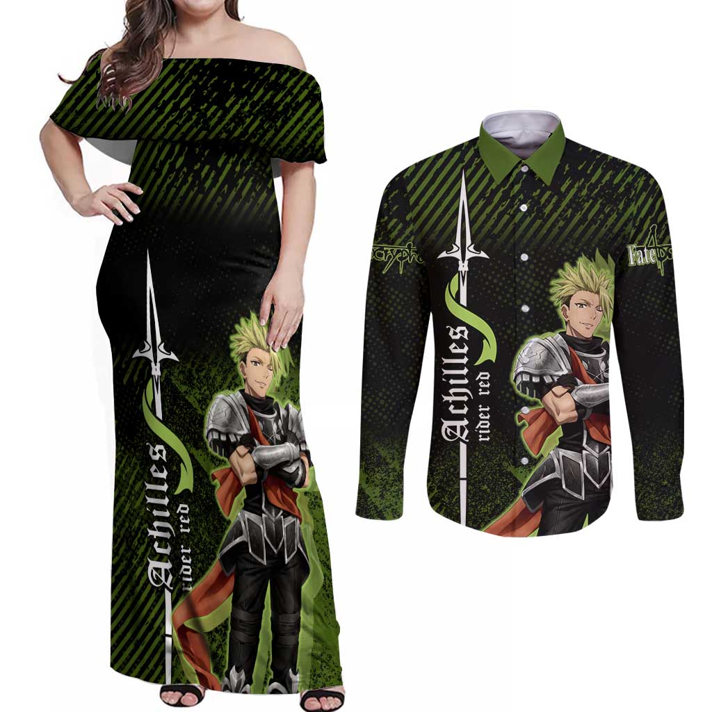 Achilles Fate Apocrypha Theme Couples Matching Off Shoulder Maxi Dress and Long Sleeve Button Shirt with Spear Pose and Green Black Grunge Graphic Design - The Mazicc