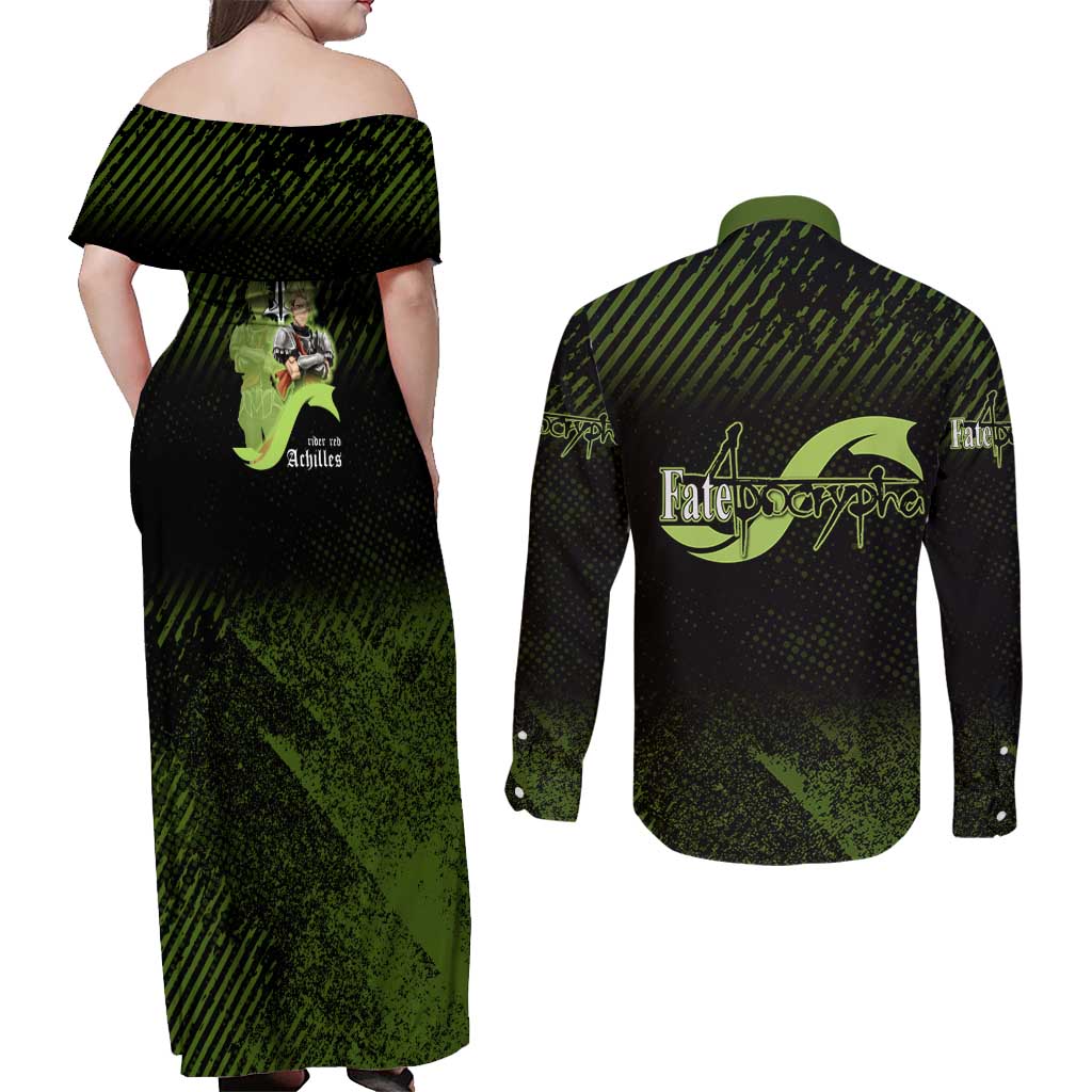 Achilles Fate Apocrypha Theme Couples Matching Off Shoulder Maxi Dress and Long Sleeve Button Shirt with Spear Pose and Green Black Grunge Graphic Design - The Mazicc
