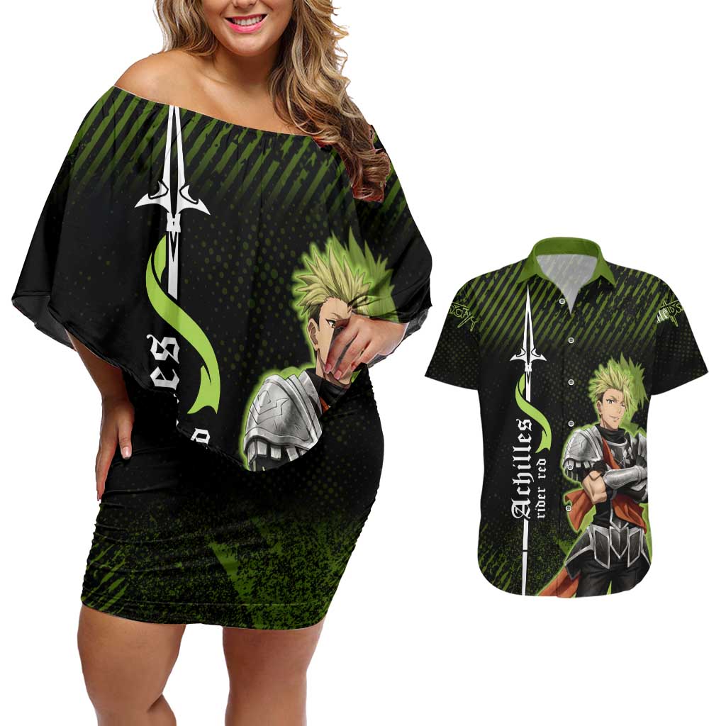 Achilles Fate Apocrypha Theme Couples Matching Off Shoulder Short Dress and Hawaiian Shirt with Spear Pose and Green Black Grunge Graphic Design - The Mazicc