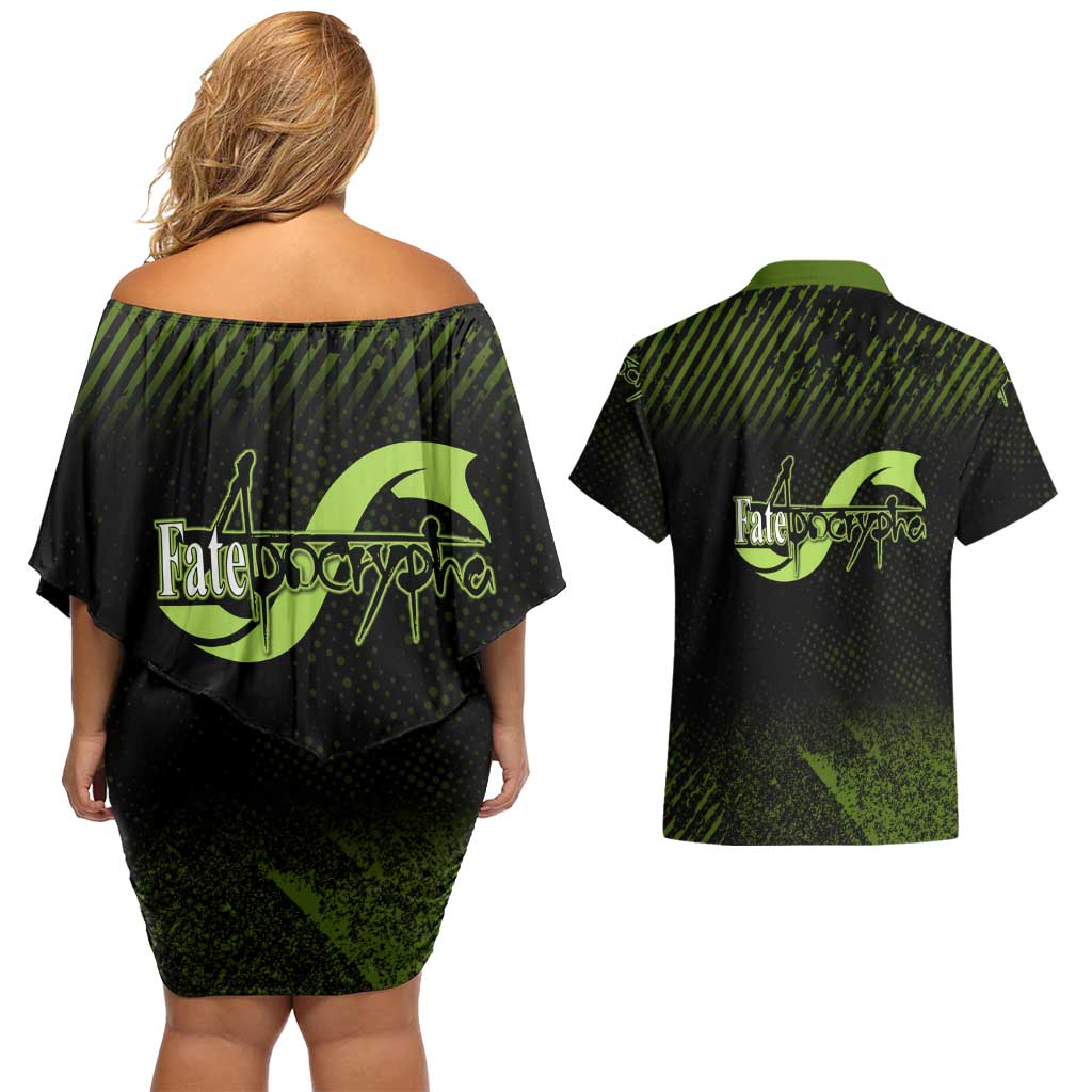 Achilles Fate Apocrypha Theme Couples Matching Off Shoulder Short Dress and Hawaiian Shirt with Spear Pose and Green Black Grunge Graphic Design - The Mazicc