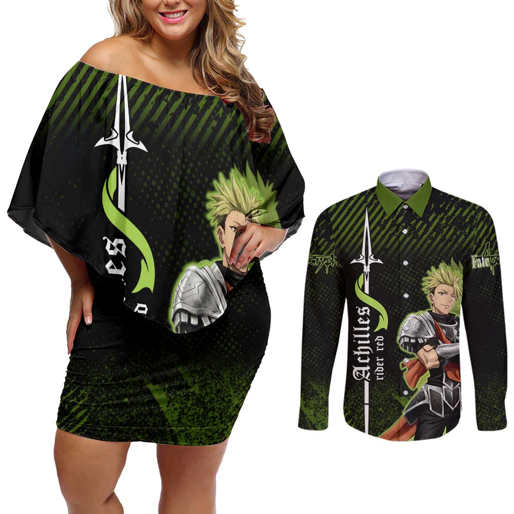 Achilles Fate Apocrypha Theme Couples Matching Off Shoulder Short Dress and Long Sleeve Button Shirt with Spear Pose and Green Black Grunge Graphic Design - The Mazicc