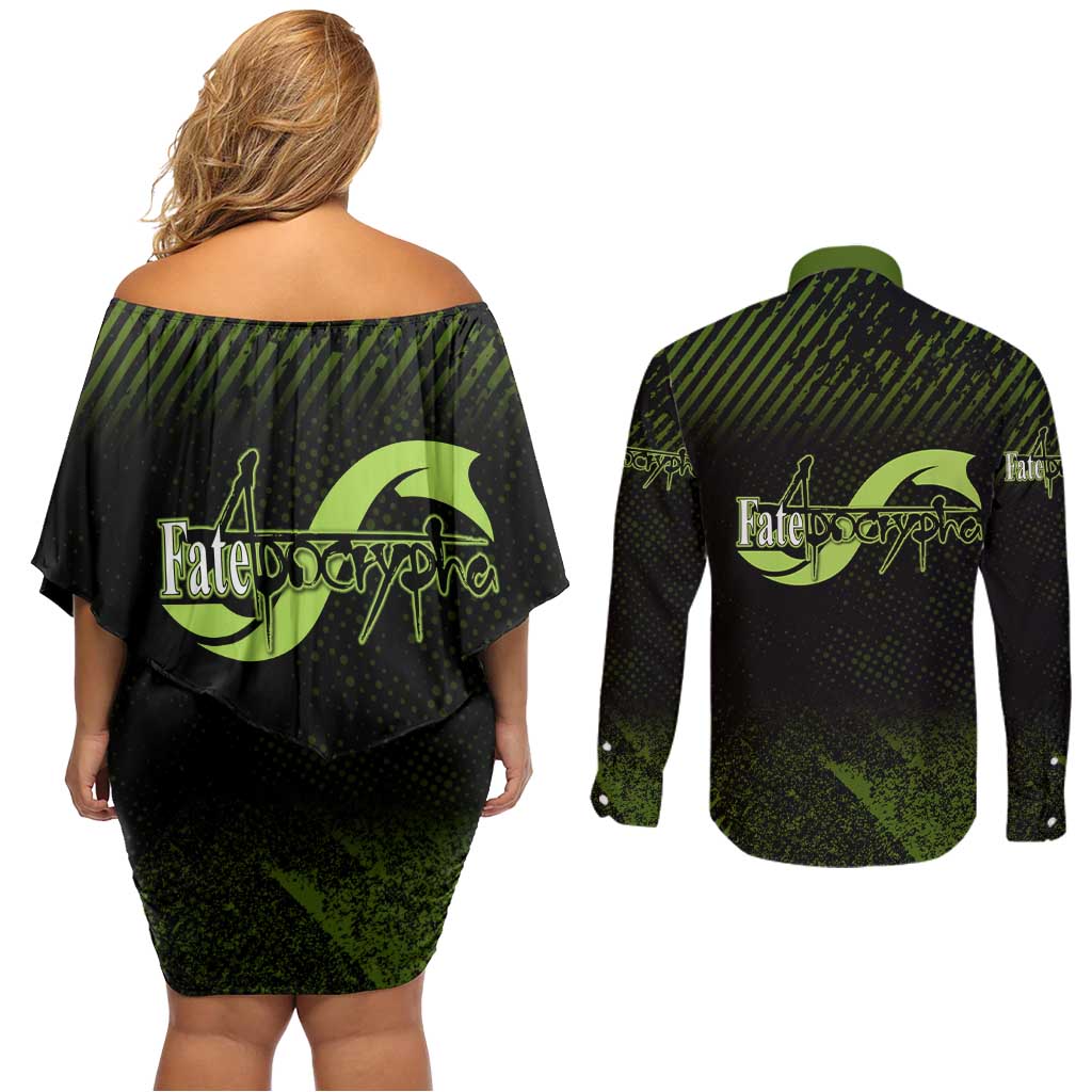 Achilles Fate Apocrypha Theme Couples Matching Off Shoulder Short Dress and Long Sleeve Button Shirt with Spear Pose and Green Black Grunge Graphic Design - The Mazicc