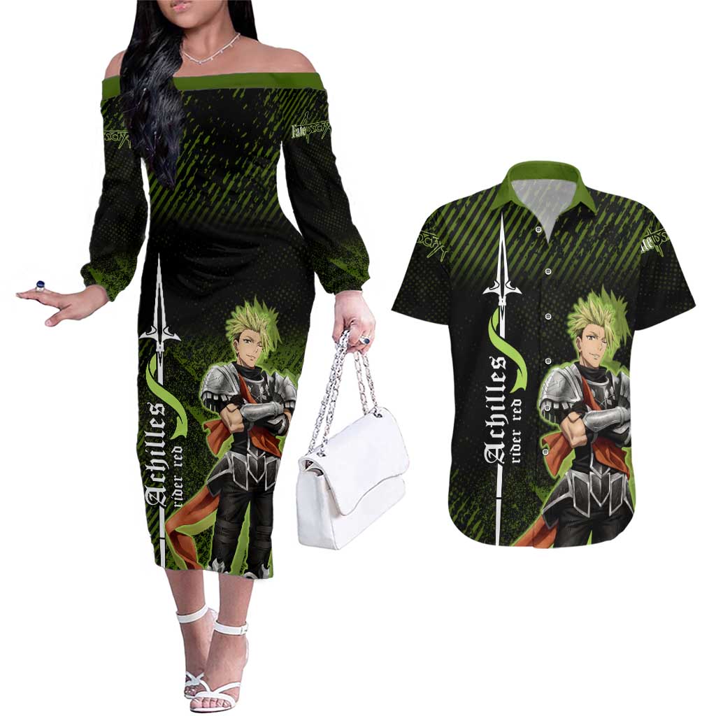 Achilles Fate Apocrypha Theme Couples Matching Off The Shoulder Long Sleeve Dress and Hawaiian Shirt with Spear Pose and Green Black Grunge Graphic Design - The Mazicc