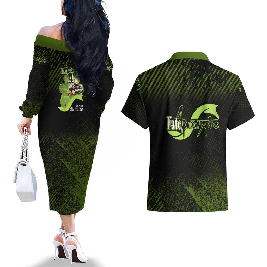 Achilles Fate Apocrypha Theme Couples Matching Off The Shoulder Long Sleeve Dress and Hawaiian Shirt with Spear Pose and Green Black Grunge Graphic Design - The Mazicc