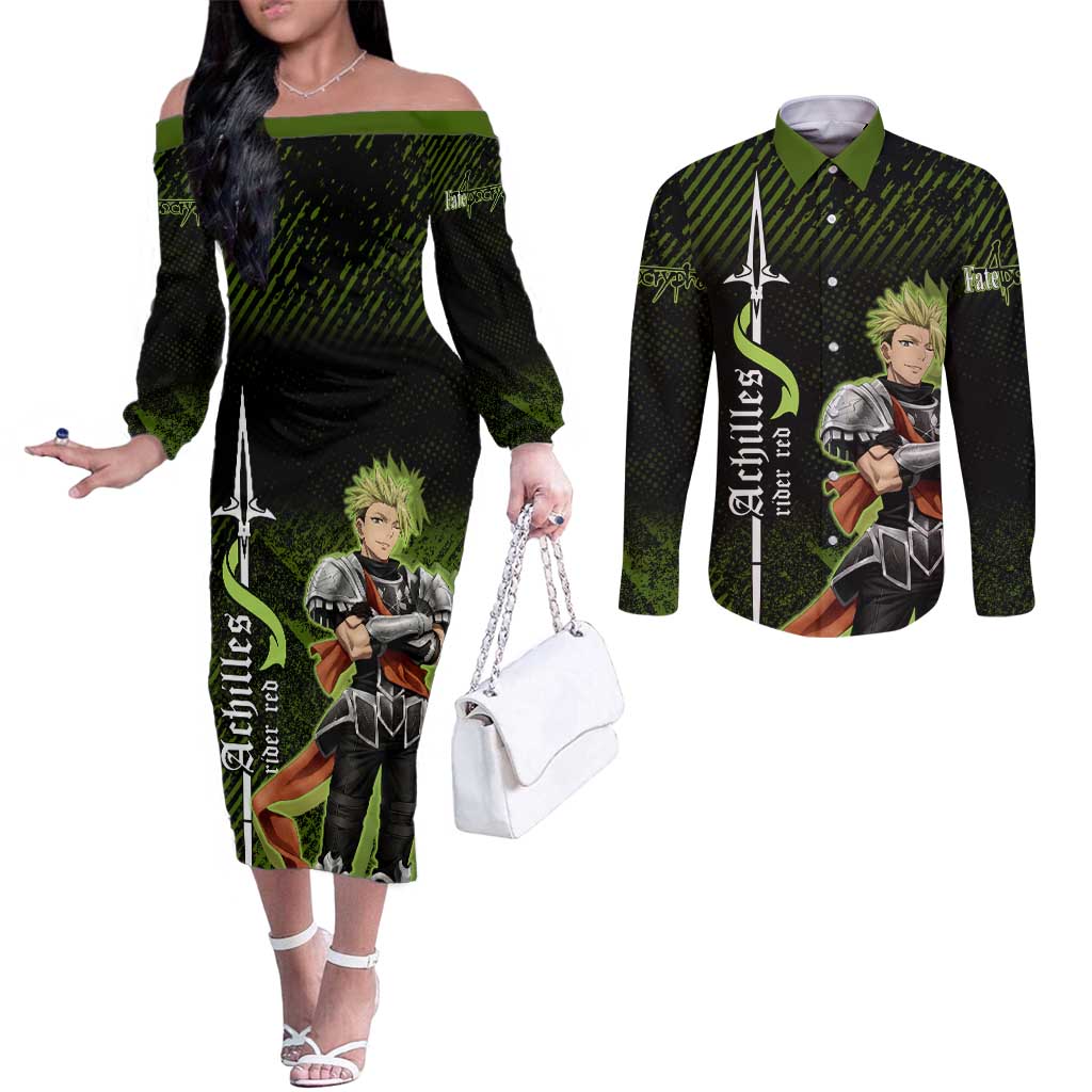 Achilles Fate Apocrypha Theme Couples Matching Off The Shoulder Long Sleeve Dress and Long Sleeve Button Shirt with Spear Pose and Green Black Grunge Graphic Design - The Mazicc