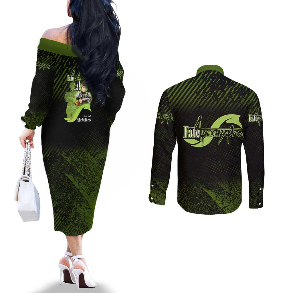Achilles Fate Apocrypha Theme Couples Matching Off The Shoulder Long Sleeve Dress and Long Sleeve Button Shirt with Spear Pose and Green Black Grunge Graphic Design - The Mazicc