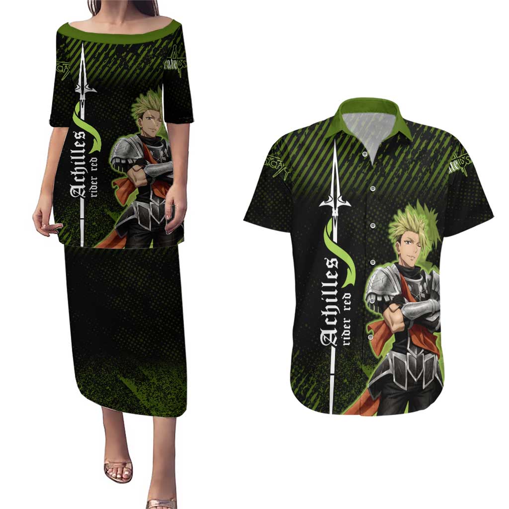 Achilles Fate Apocrypha Theme Couples Matching Puletasi and Hawaiian Shirt with Spear Pose and Green Black Grunge Graphic Design - The Mazicc