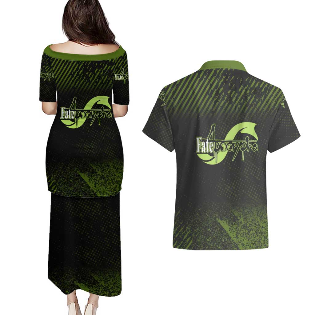 Achilles Fate Apocrypha Theme Couples Matching Puletasi and Hawaiian Shirt with Spear Pose and Green Black Grunge Graphic Design - The Mazicc