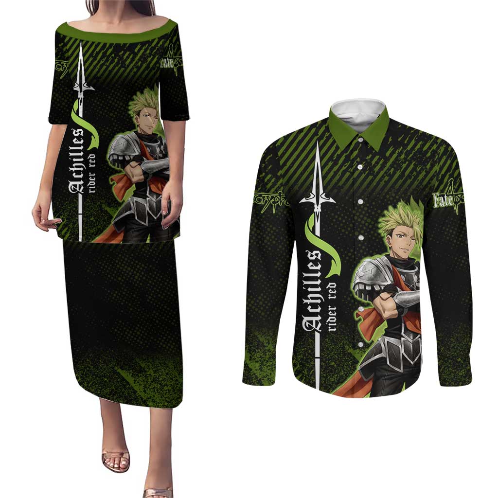 Achilles Fate Apocrypha Theme Couples Matching Puletasi and Long Sleeve Button Shirt with Spear Pose and Green Black Grunge Graphic Design - The Mazicc