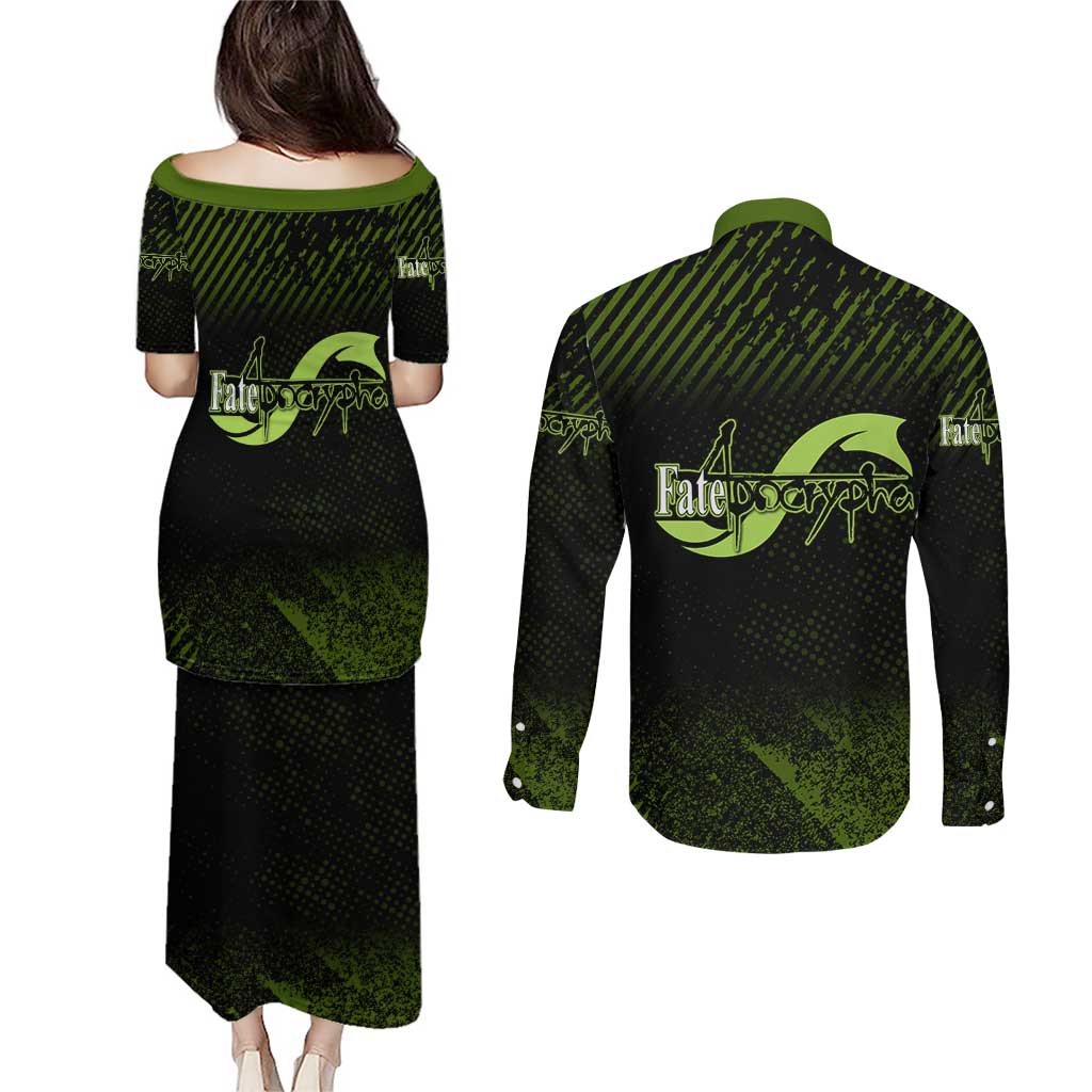 Achilles Fate Apocrypha Theme Couples Matching Puletasi and Long Sleeve Button Shirt with Spear Pose and Green Black Grunge Graphic Design - The Mazicc